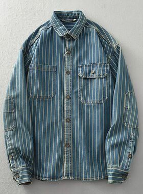 Heavy vintage washed vertical stripe denim shirt men's loose