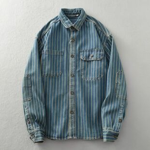 vertical stripe vintage loose men washed shirt Heavy denim