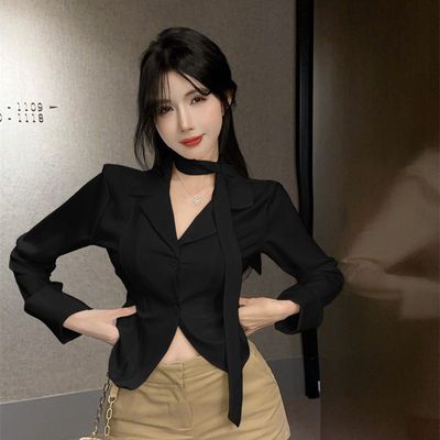 挂脖上衣不规则收腰西装衬衣