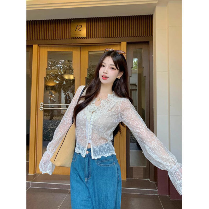 单排扣V领提花蕾丝衫内搭上衣