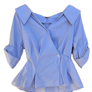 设计师款斜扣V领短袖衬衫女今年流行高级感衬衣压褶收腰显瘦上衣