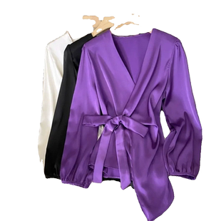 v领绸缎上衣新款轻熟紫色早秋绑带衬衫春季法式收腰设计小众衬衫