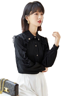 黑色蕾丝拼接长袖雪纺衬衫女