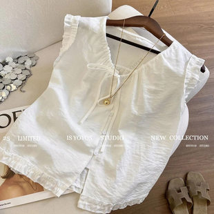 女上衣 2025夏季 新款 甜美减龄显瘦木耳边褶皱V领系带无袖 背心衬衫