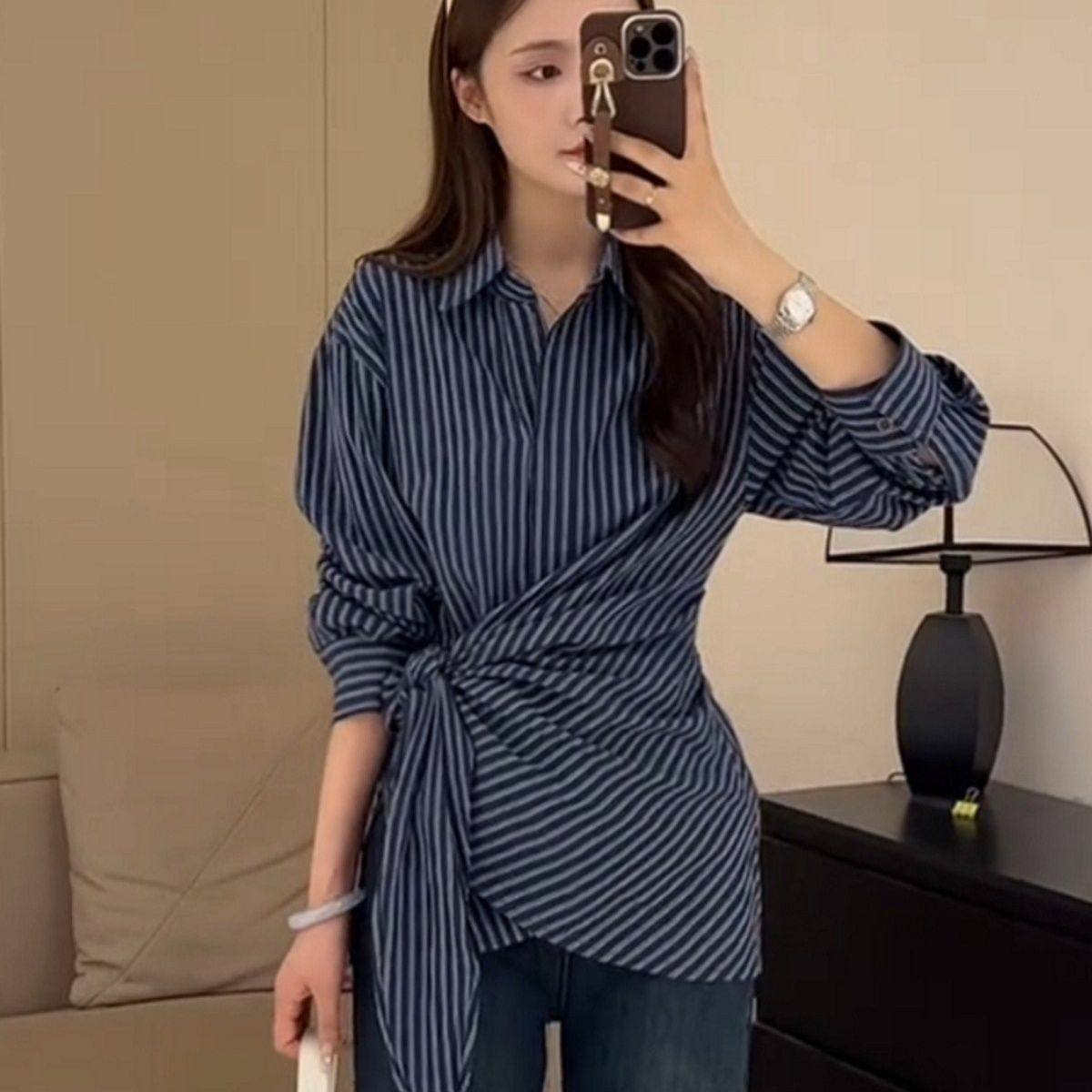 设计感不规则条纹衬衫女2024年秋季新款韩系时尚洋气收腰显瘦上衣