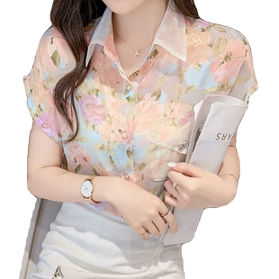 洋气碎花雪纺衬衫女夏装2024年新款设计感小众超仙小衫无袖上衣女