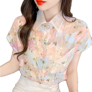 洋气碎花雪纺衬衫女夏装2024年新款设计感小众超仙小衫无袖上衣女