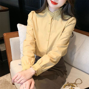 女秋裝 法式 木耳邊立領(lǐng)長袖 襯衫 上衣設(shè)計感小眾女士襯衣 2023年新款