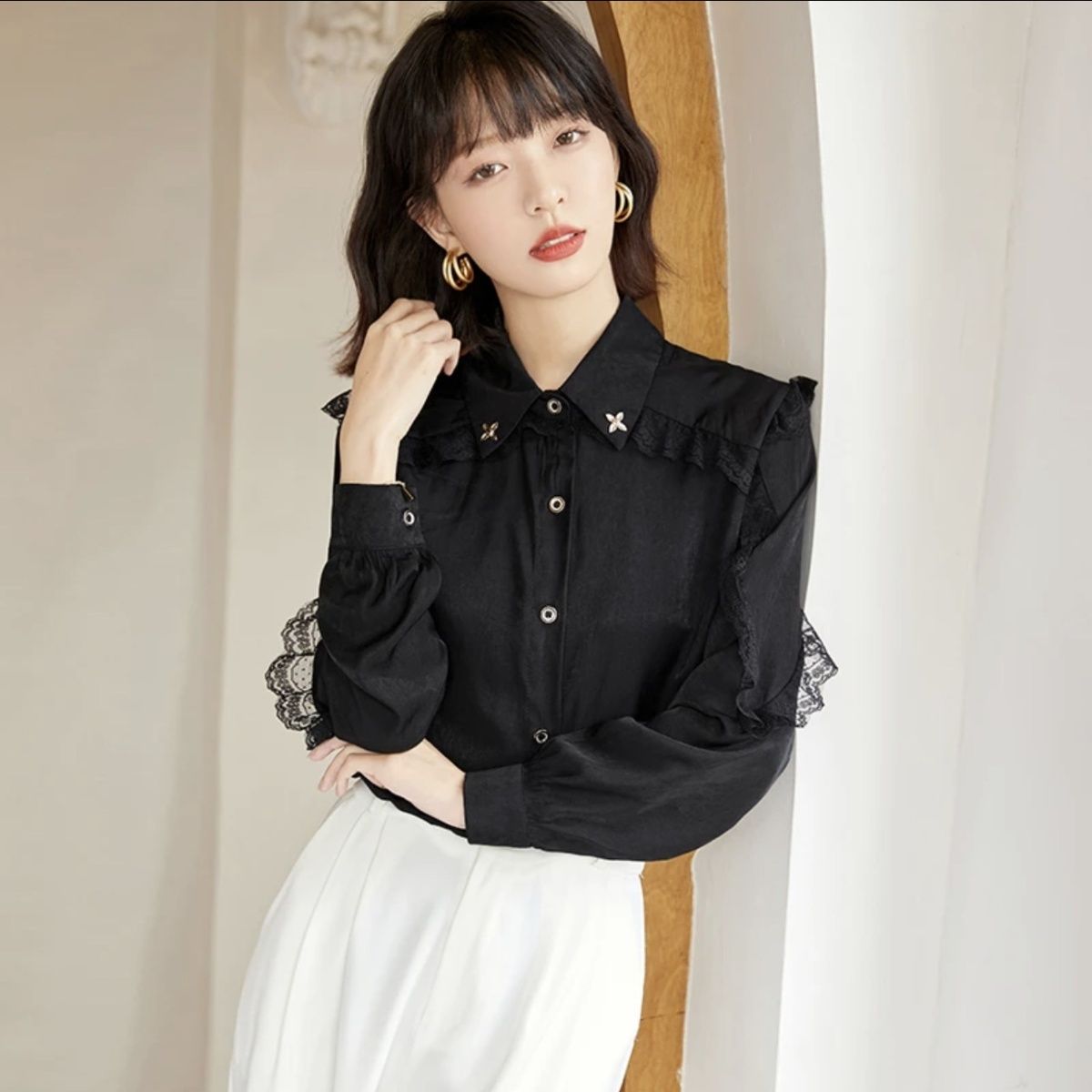 黑色蕾丝拼接长袖雪纺衬衫女秋季2024春装新款设计感宽松显瘦上衣