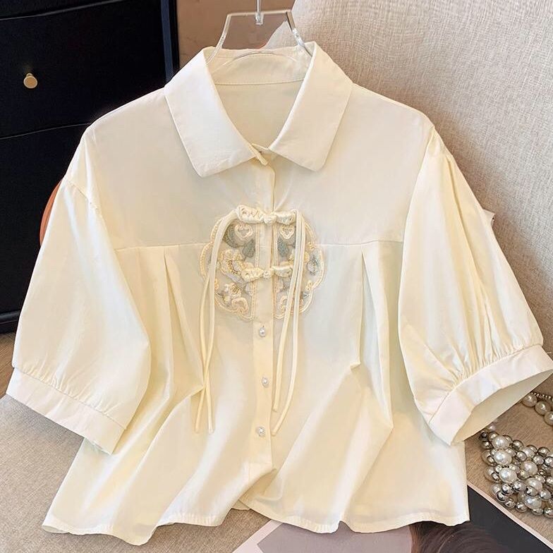 新中式纯棉盘扣刺绣POLO领衬衣