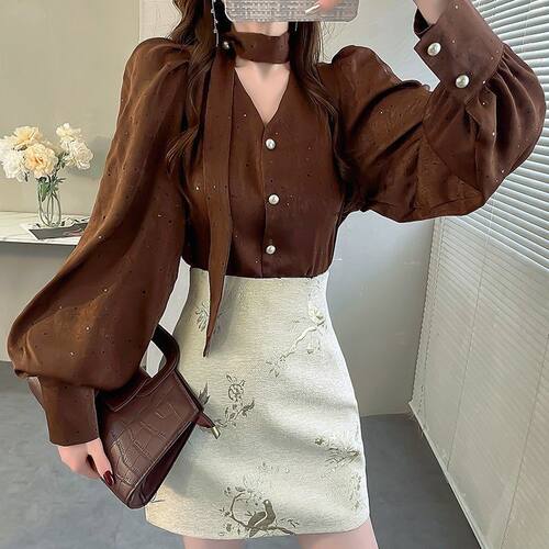 泡泡袖小衫显瘦系带挂脖衬衫女