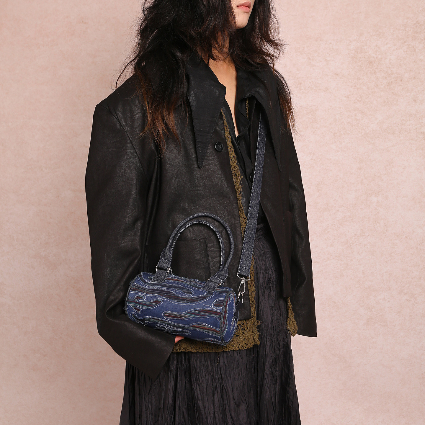 咩奇 【毛絮碎影】复古丹宁圆筒包牛仔流苏设计感手提斜挎腋下包,箱包皮具/热销女包/男包,波士顿包,淘宝优惠券,粉丝福利购,淘宝优惠卷