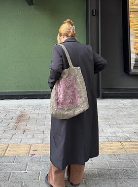 咩奇【芋泥紫灰】单肩包原创棉麻紫色流苏拼接大容量托特包帆布包