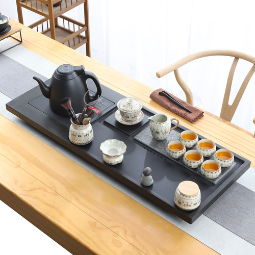 天然整块乌金石茶盘全自动一体茶具套装家用功夫单壶简约大小茶台