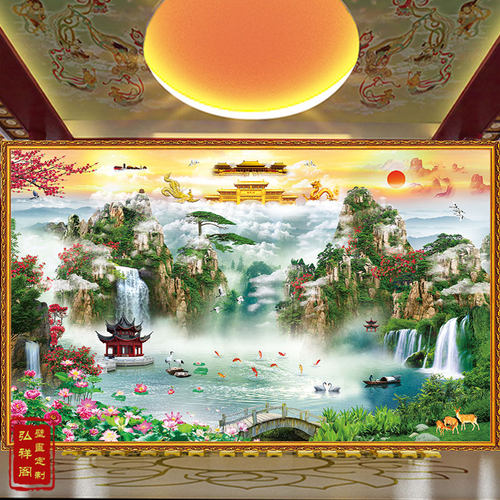 山水天宫天庭壁纸南天门聚宝盆壁纸布佛道仙家堂九鱼祥云壁画