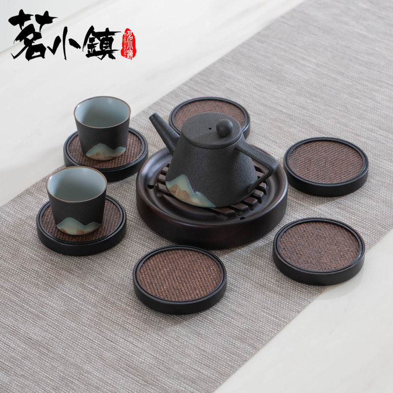 席面藤编杯托圆形复古日式隔热茶垫功夫茶托茶具茶道零配实木杯垫