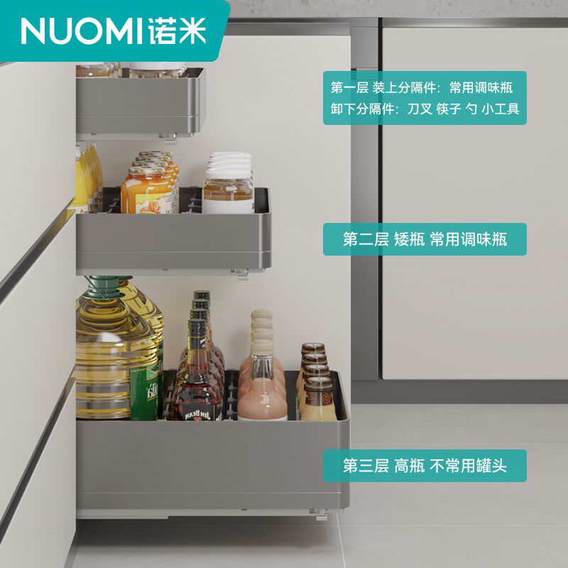 NUOMI诺米厨房橱柜魅影阻尼四边调味篮开门式单/三层零食收纳拉篮