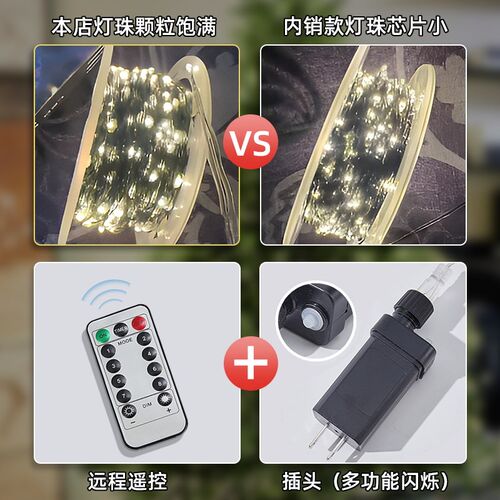 圣诞节树绿铜丝线led小彩灯串灯满天星星户外防水氛围灯带装饰品