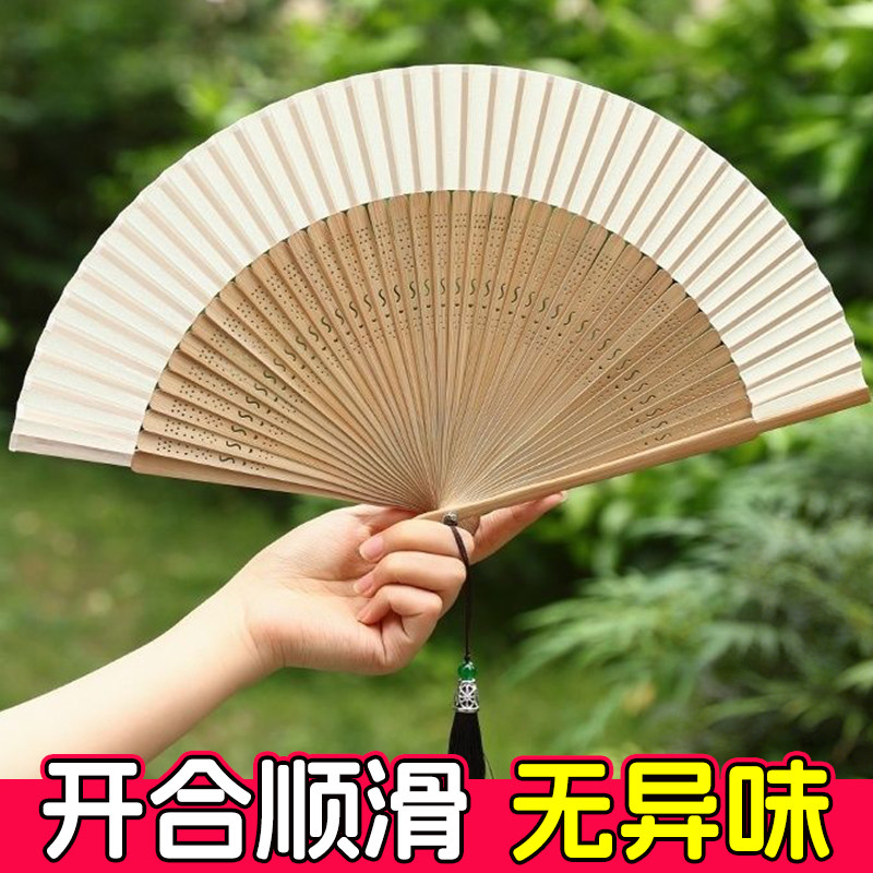 扇子古风折扇夏季古典中国风渐层黄折扇子金黄色折叠竹扇绢布拍照