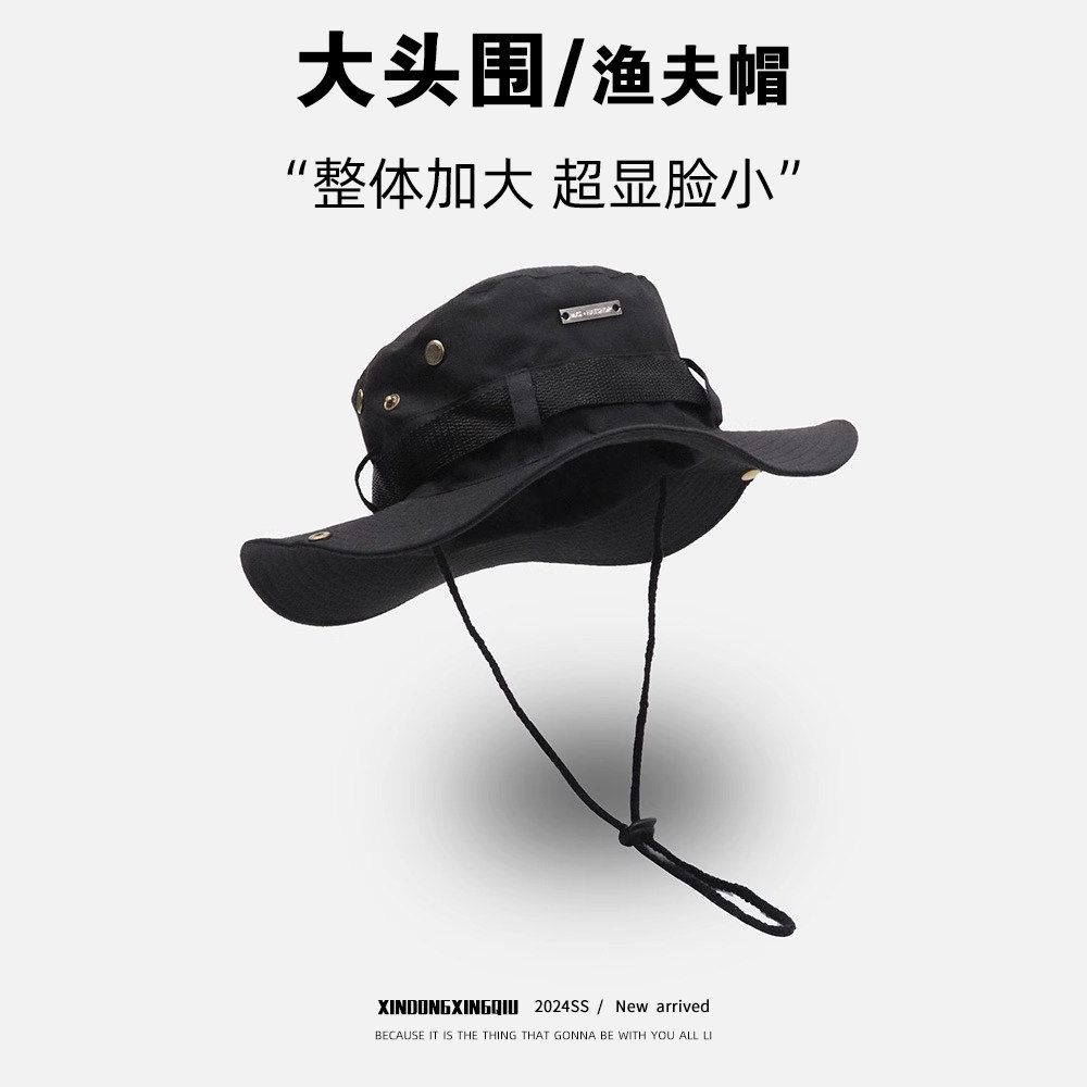 大头围抽绳渔夫防晒帽男女通用户外登山牛仔帽 四季卡其色休闲旅