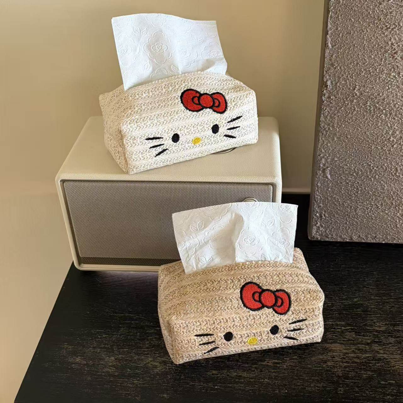 新款草编kitty刺绣可爱卡通纸巾盒茶几创意家用居家抽取式卫生纸