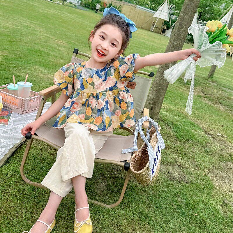 儿童夏装洋气宝宝碎花套装时髦女童阔腿裤甜美两件套薄款小童韩版