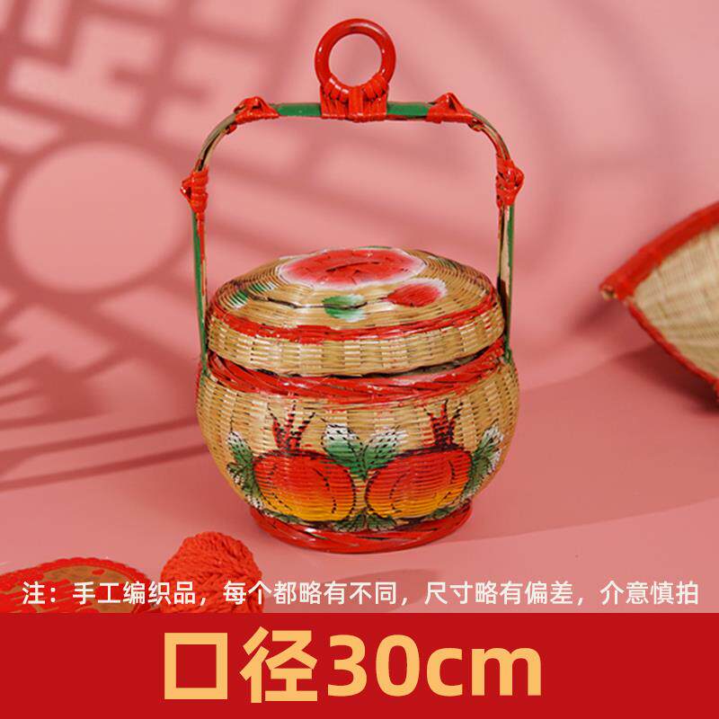 纯手工编织彩绘竹篮子潮汕传统喜庆婚嫁女方用品竹制花篮竹艺摆件