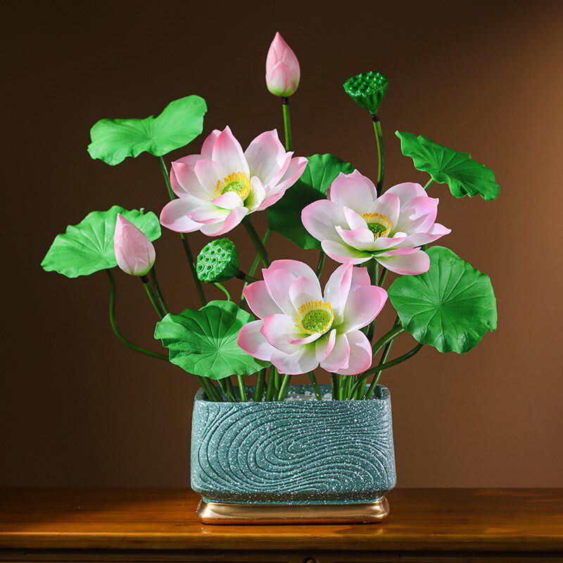高档仿真荷花客厅中式佛堂佛前供奉花装饰摆设件手感假花莲花盆景