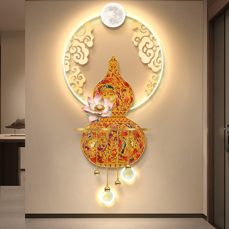 葫芦玄关立体发光装饰画LED带灯新中式福禄挂画荷花氛围灯壁画灯图片