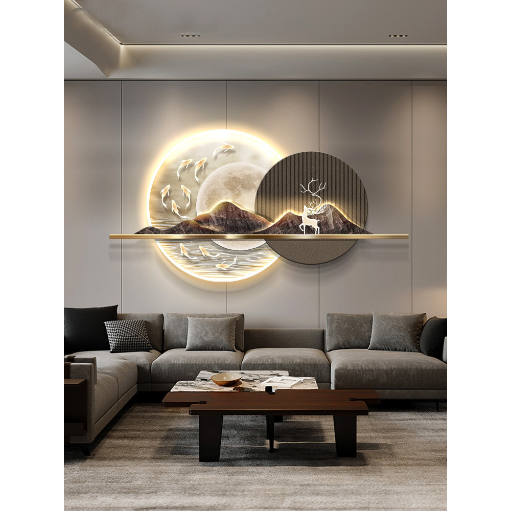 现代轻奢客厅立体灯光装饰画横版沙发背景墙挂画九鱼山水餐厅壁画图片