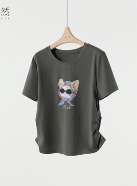 时然微胖大码女装搞怪猫T恤26夏季新款显瘦卡通圆领正肩短袖上衣