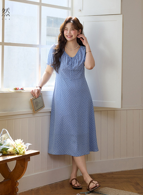 时然大码微胖MM26年夏季新款洋气百搭收腰显瘦韩系V领短袖连衣裙