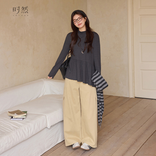 女孩高级原创长袖 秋冬装 T恤 微胖MM内搭宽松打底针织衫 时然大码