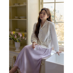 衬衫 韩系遮肉设计感百搭翻领收腰显瘦长袖 微胖MM25春新款 时然大码