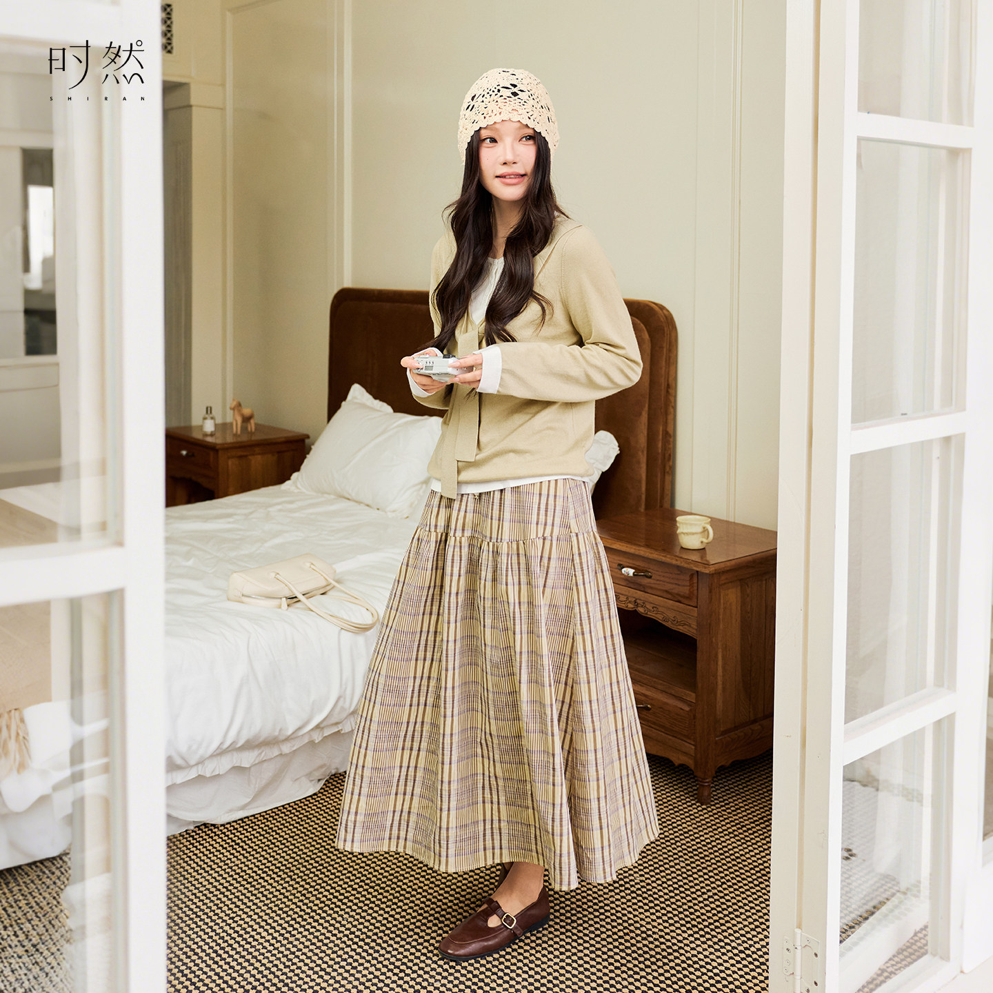 时然大码格纹半身裙微胖mm女装新品长裙黄色A字裙抽绳裙子韩版