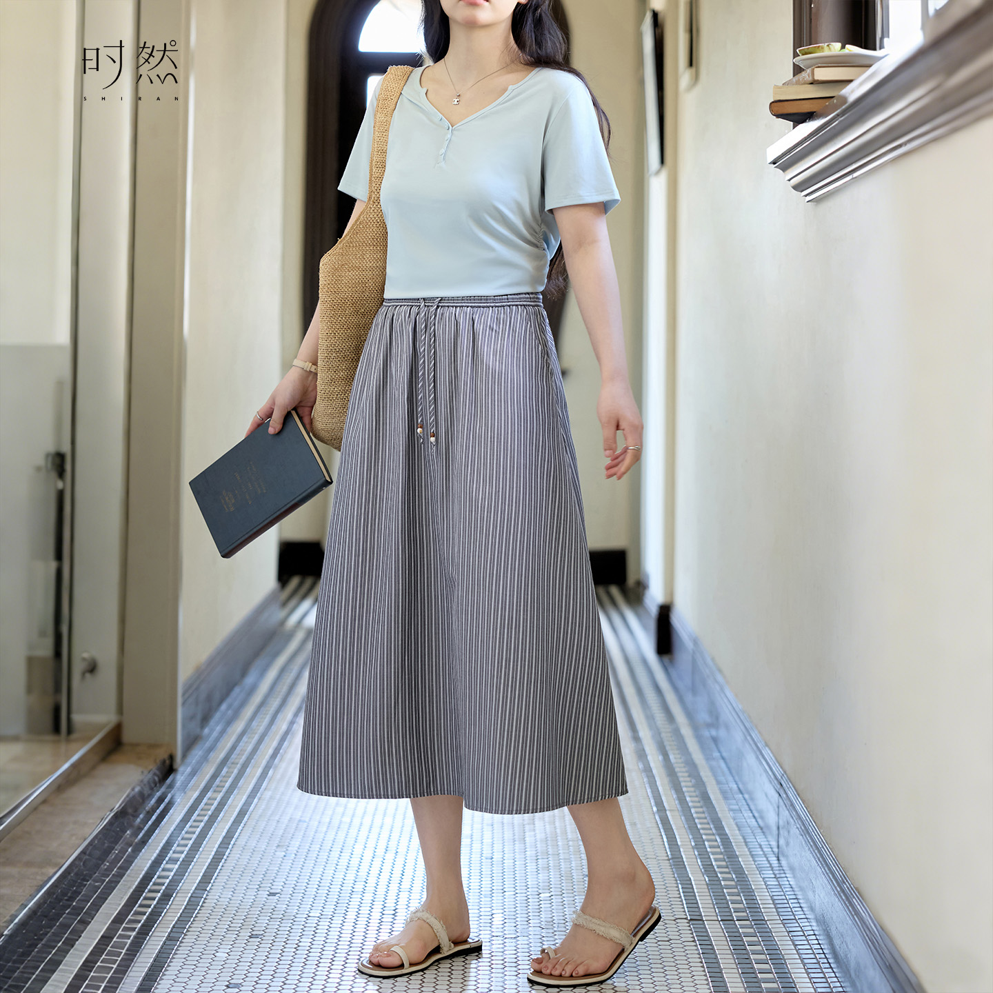 时然【缎纹诗行】条纹半身裙