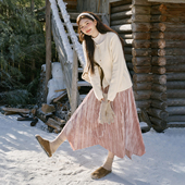 加绒裙子韩系女装 时然大码 丝绒半身裙微胖mm冬季 百褶裙A字裙