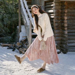 百褶裙A字裙 加绒裙子韩系女装 时然大码 丝绒半身裙微胖mm冬季