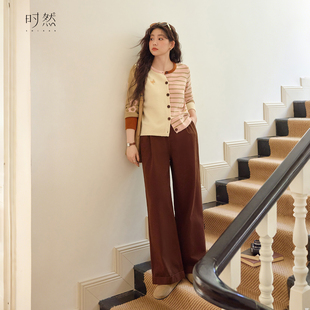 女装 微胖mm复古高腰显瘦长裤 纯棉咖色牛仔裤 新款 2025秋季 时然大码