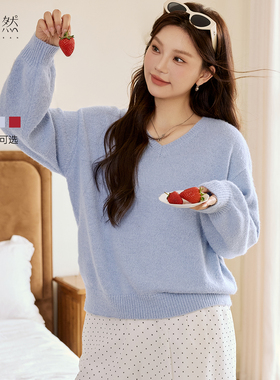 时然大码蓝色纯色V领针织衫微胖mm冬季新款长袖上衣春秋针织毛衣