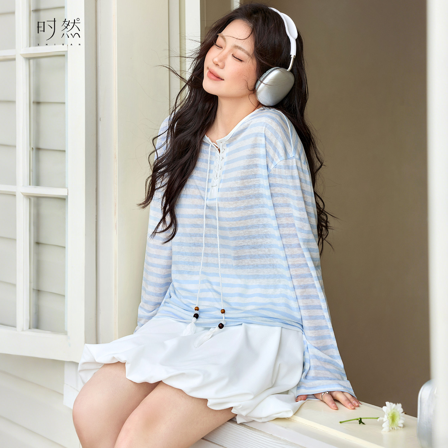 时然大码条纹长袖T恤微胖mm女装透气空调衫罩衫春夏季新品上衣韩,女装/女士精品,大码内搭,淘宝优惠券,粉丝福利购,淘宝优惠卷