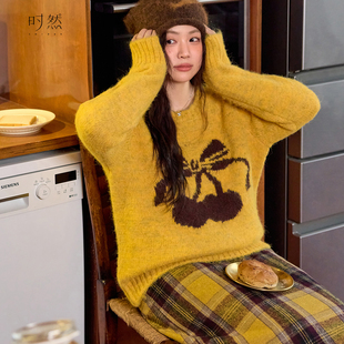 显瘦撞色针织衫 时然大码 含羊毛卡通毛衣大码 新款 微胖MM2025年冬季