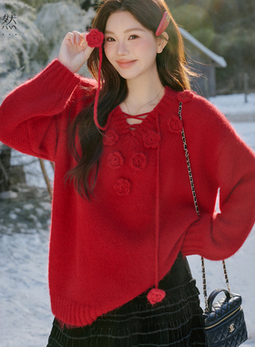 时然大码新年圣诞红色毛衣冬季女装针织衫微胖mm宽松新款上衣秋冬