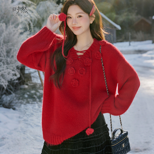 微胖mm宽松新款 时然大码 针织衫 女装 上衣秋冬 新年圣诞红色毛衣冬季
