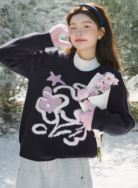 时然大码藏青花朵毛衣冬季加厚原创针织衫微胖mm秋冬上衣显瘦新款