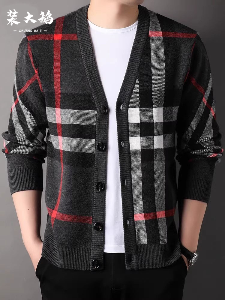 高端高端针织开衫男款新款潮流条纹休闲毛衣外套男装上衣外穿