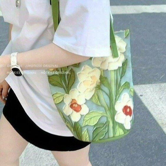 新中式民族风女士水桶包新款时尚帆布印花单肩斜挎包ins洋派女包