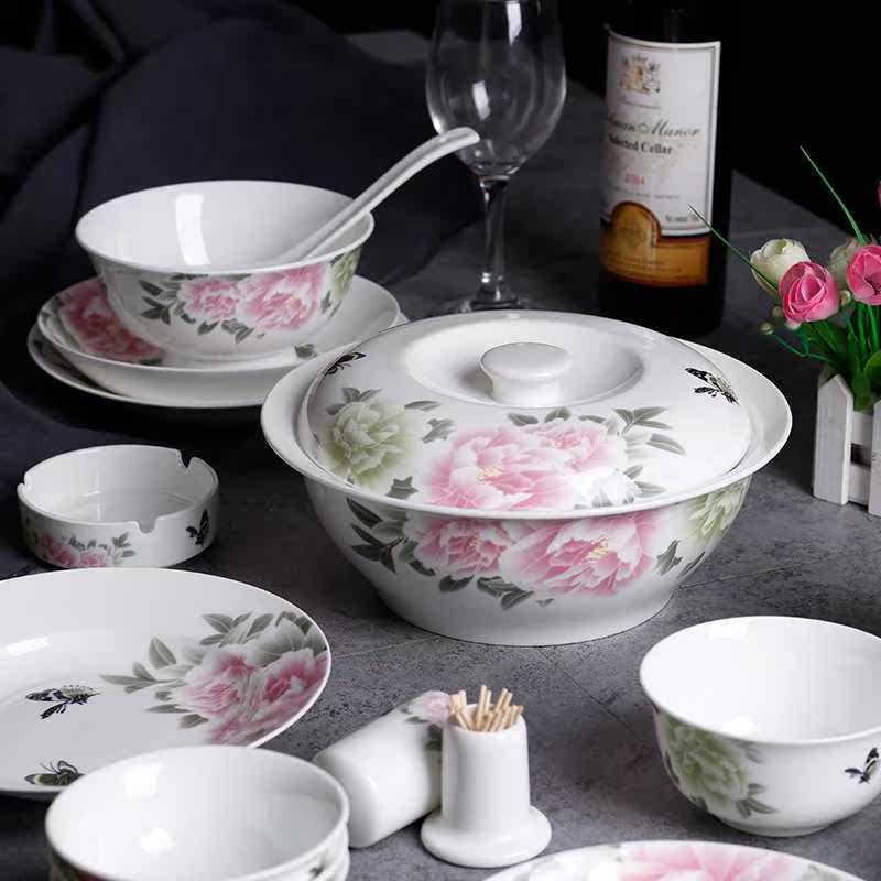 seo醴窑礼品春家用釉中彩大套地湘色46头骨瓷餐具装碗盘碟