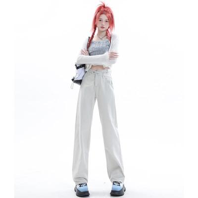 UYH高腰直筒牛仔裤女2023开春新款不规则宽松显瘦设计感腰边裤子