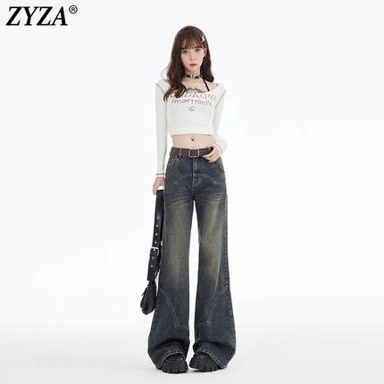 ZYZA美式复古阔腿加绒牛仔裤女2024秋冬新款高腰直筒宽松显瘦裤子